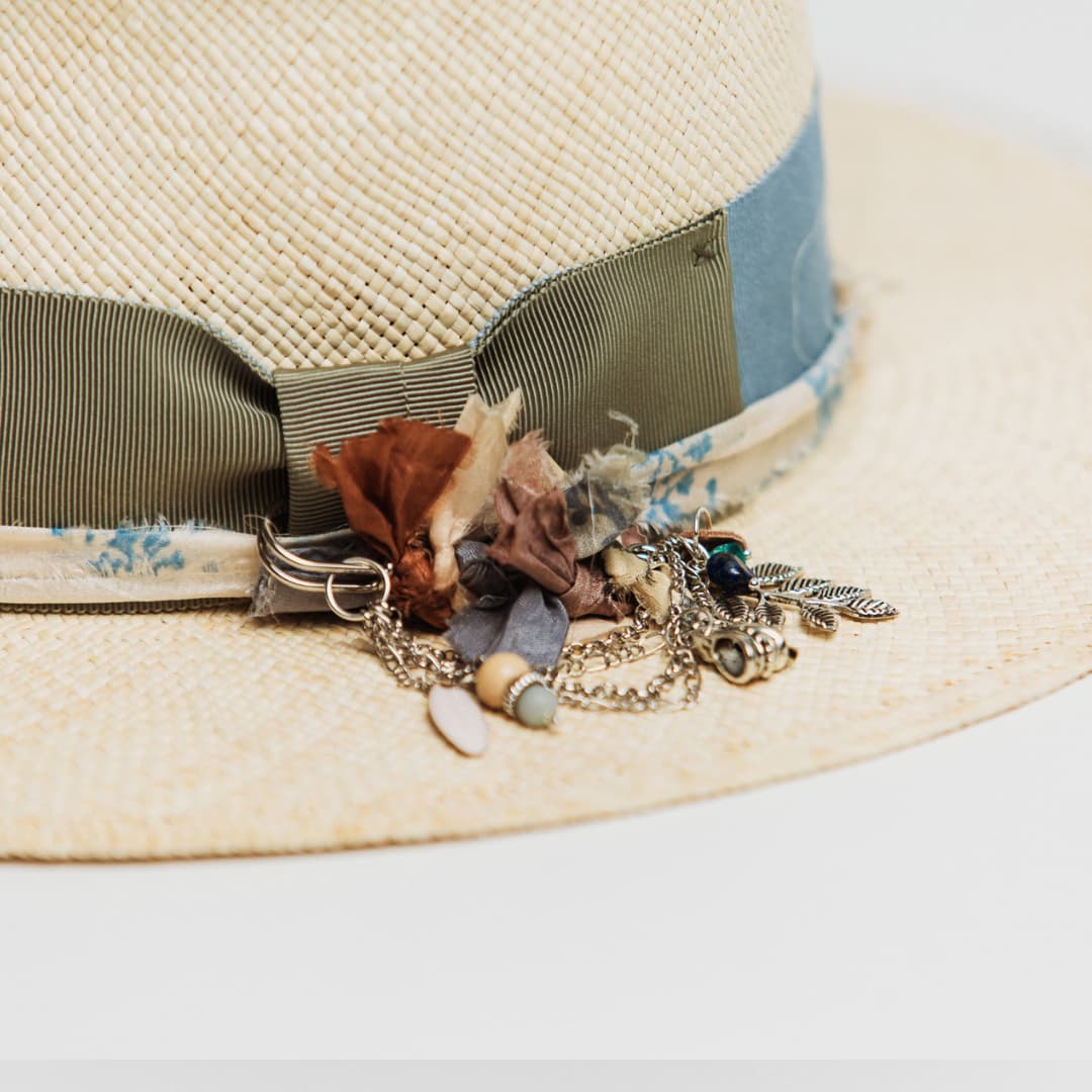 Detail of Hunter Panama hat showing Cornflower grosgrain band, Oil Green bow and sari silk trim.