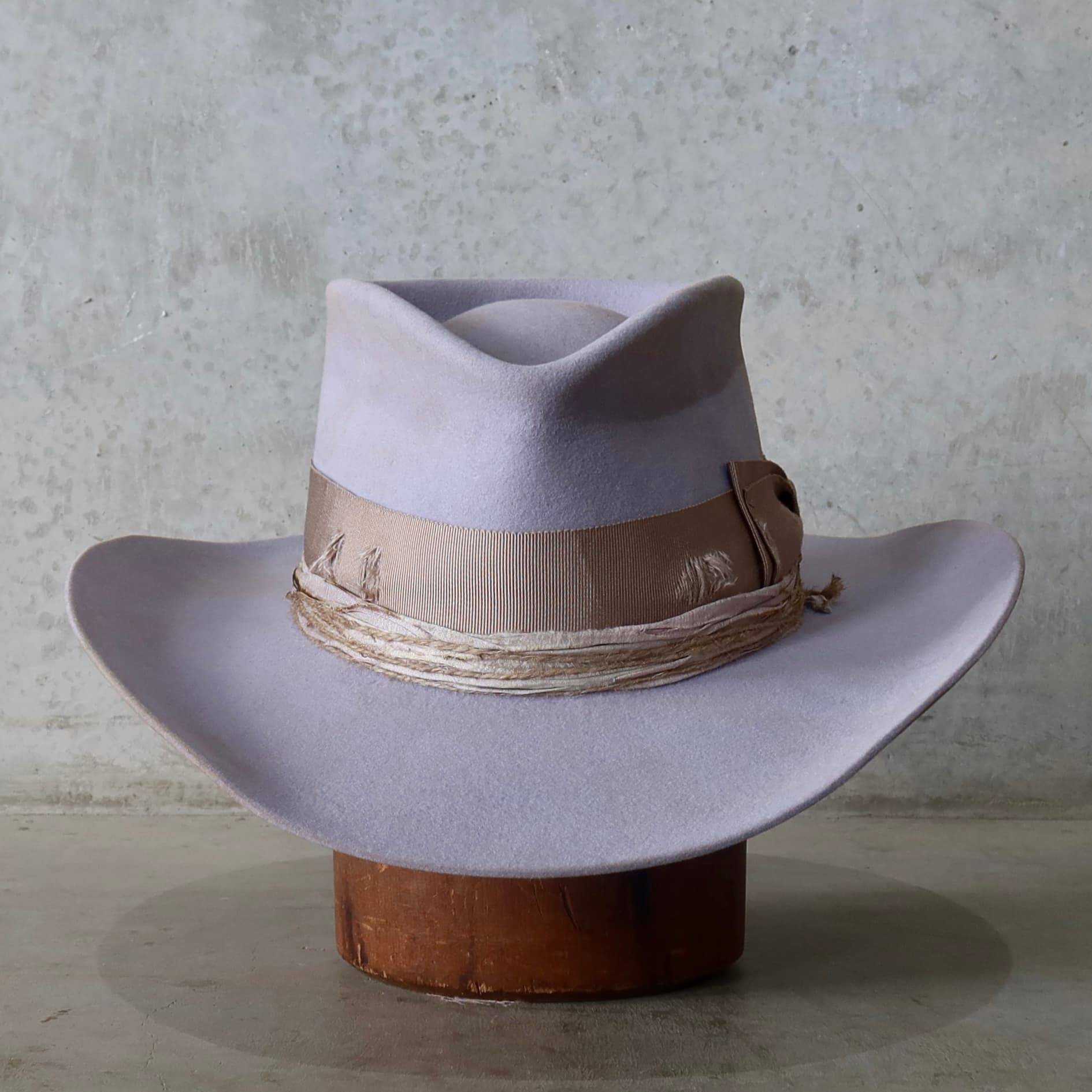 Lilac distressed felt cowgirl hat Lacey by PHYLLi Designs with taupe Japanese grosgrain double bow band.