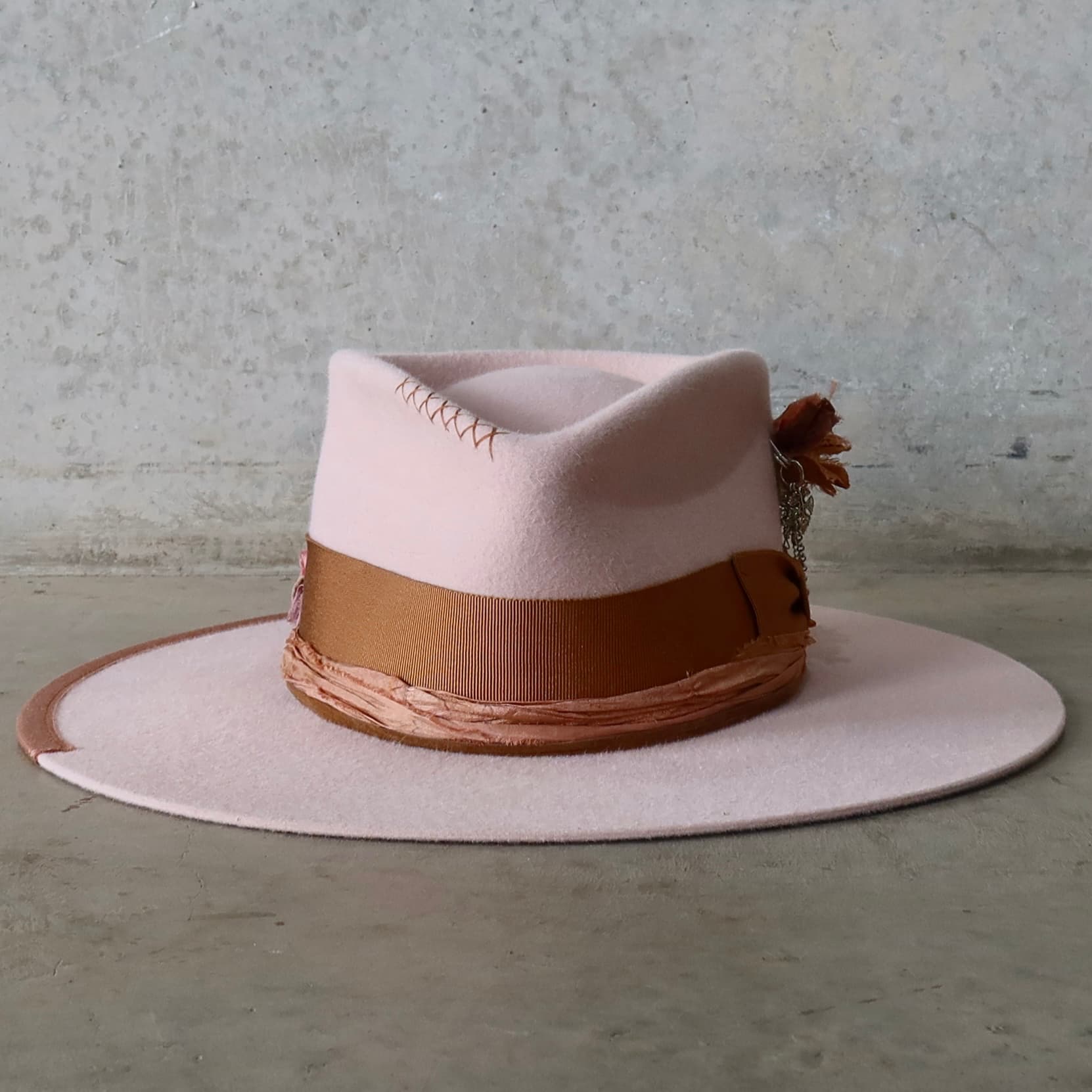 Baby pink felt hat Lexie by PHYLLi Designs with copper Japanese grosgrain bow band.