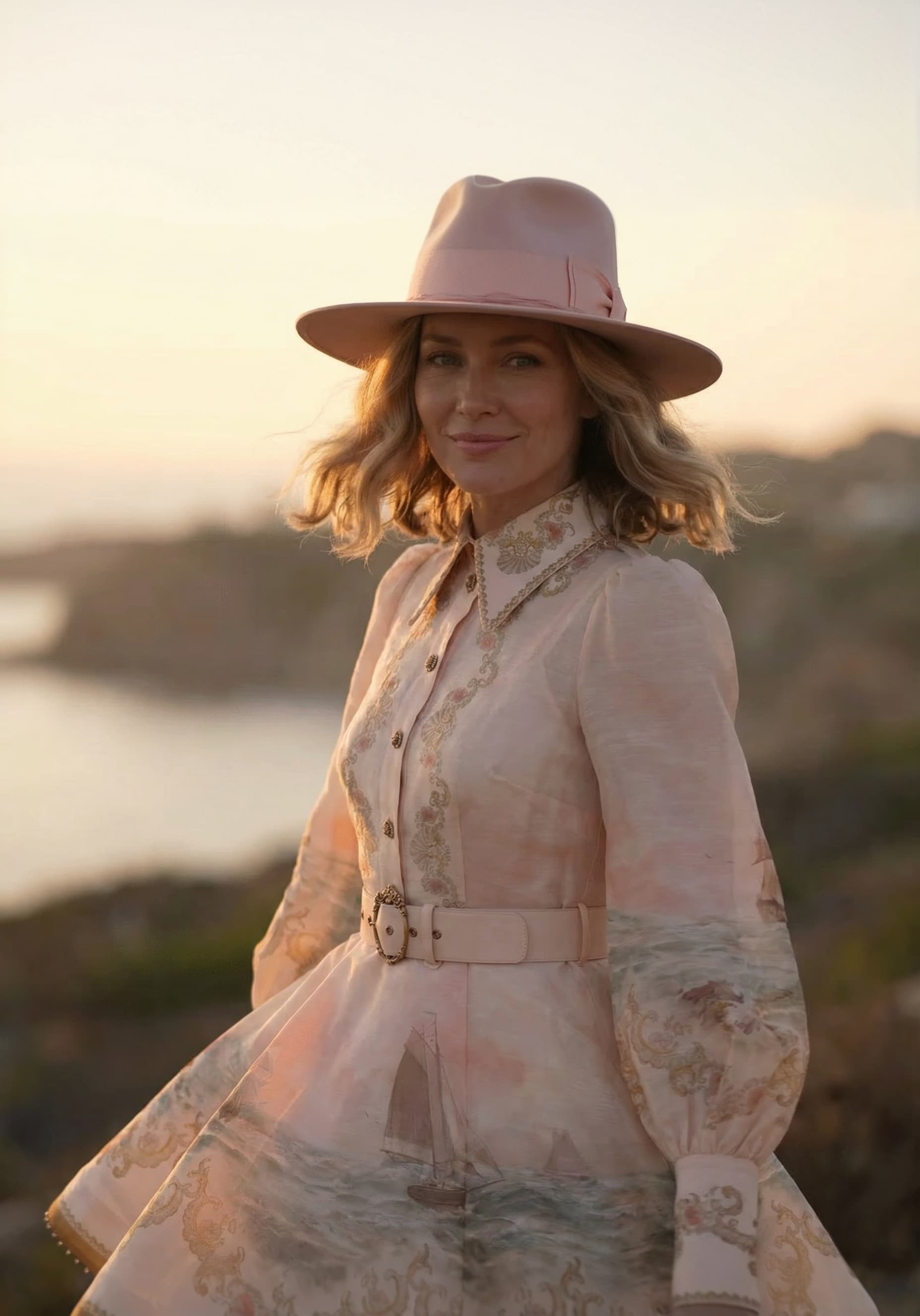 Woman wearing the Baby Pink felt hat Lucinda Bloom by PHYLLi Designs with tonal sari silk bloom and salmon trim overlooking the ocean at sunset.