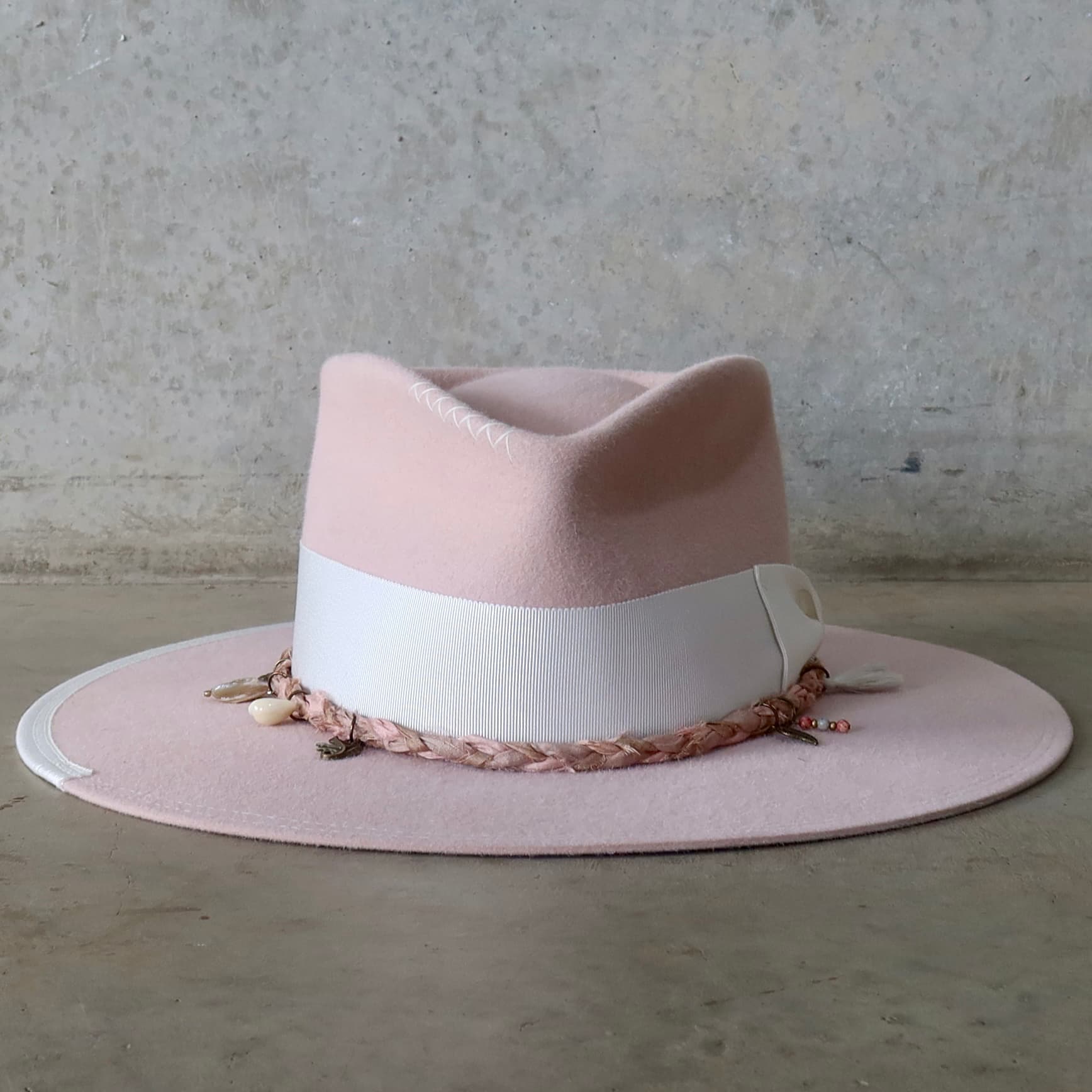 Baby pink felt hat Lucky Charm by PHYLLi Designs with ivory Japanese grosgrain bow band and tonal pink Charm Plait.