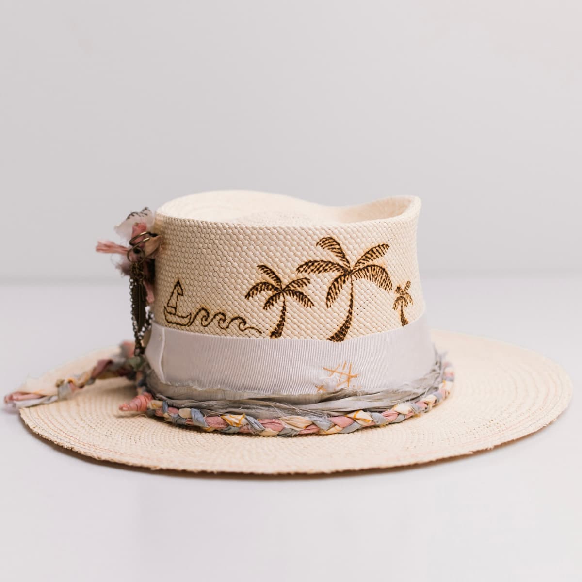 Back view of the My Magical Natural Panama hat by PHYLLi Designs featuring triple brim stitch in storm, floss and biscuit.