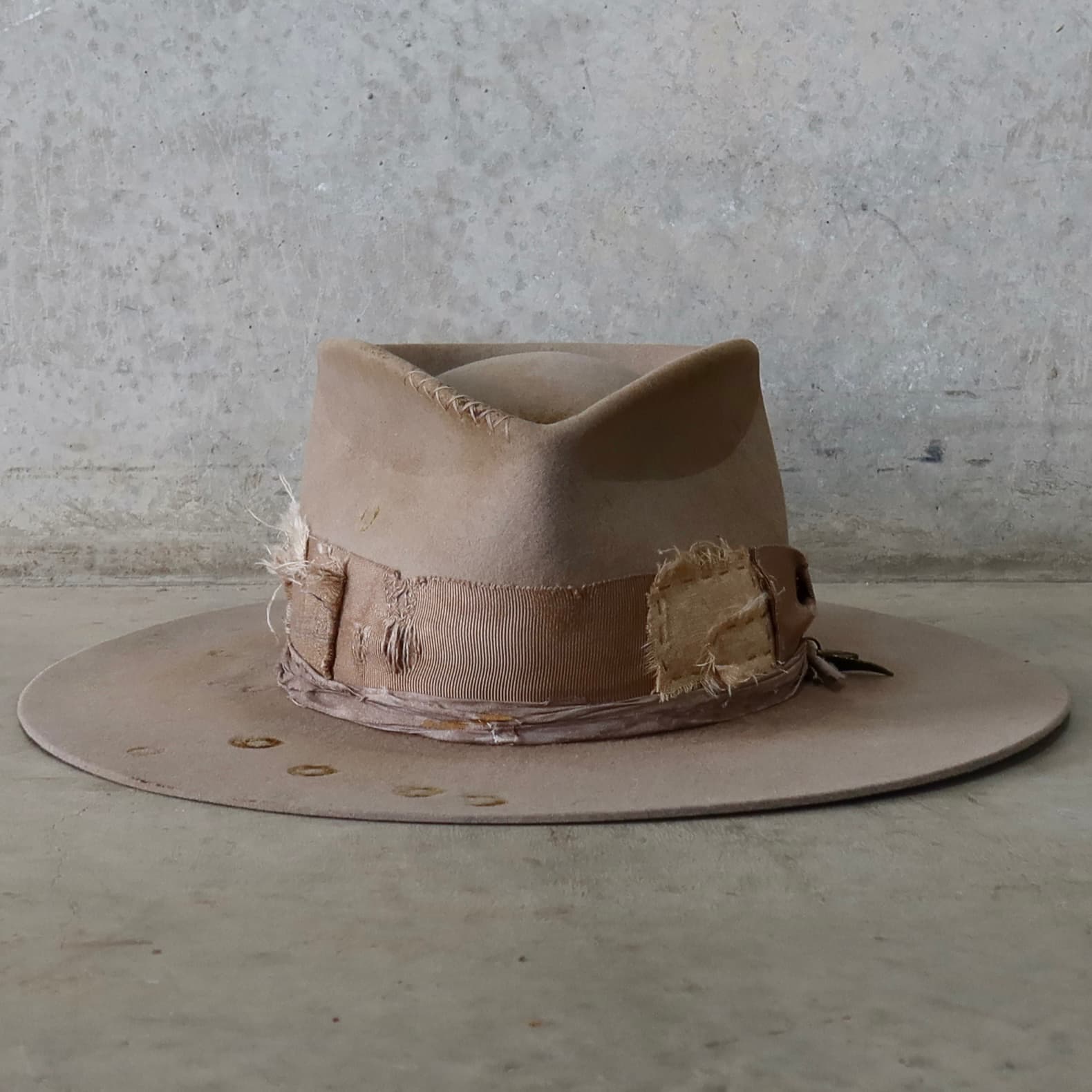 Sahara felt hat Oakley Limited Edition by PHYLLi Designs with distressed taupe Japanese grosgrain bow band and sari silk trim.