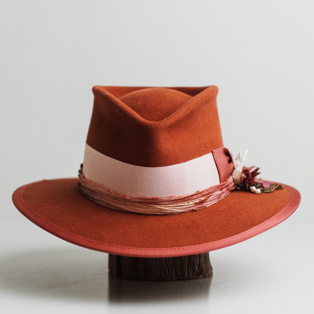 Pamela spiced pumpkin felt hat by PHYLLi Designs with sherbet pink Japanese grosgrain band and watermelon bow.