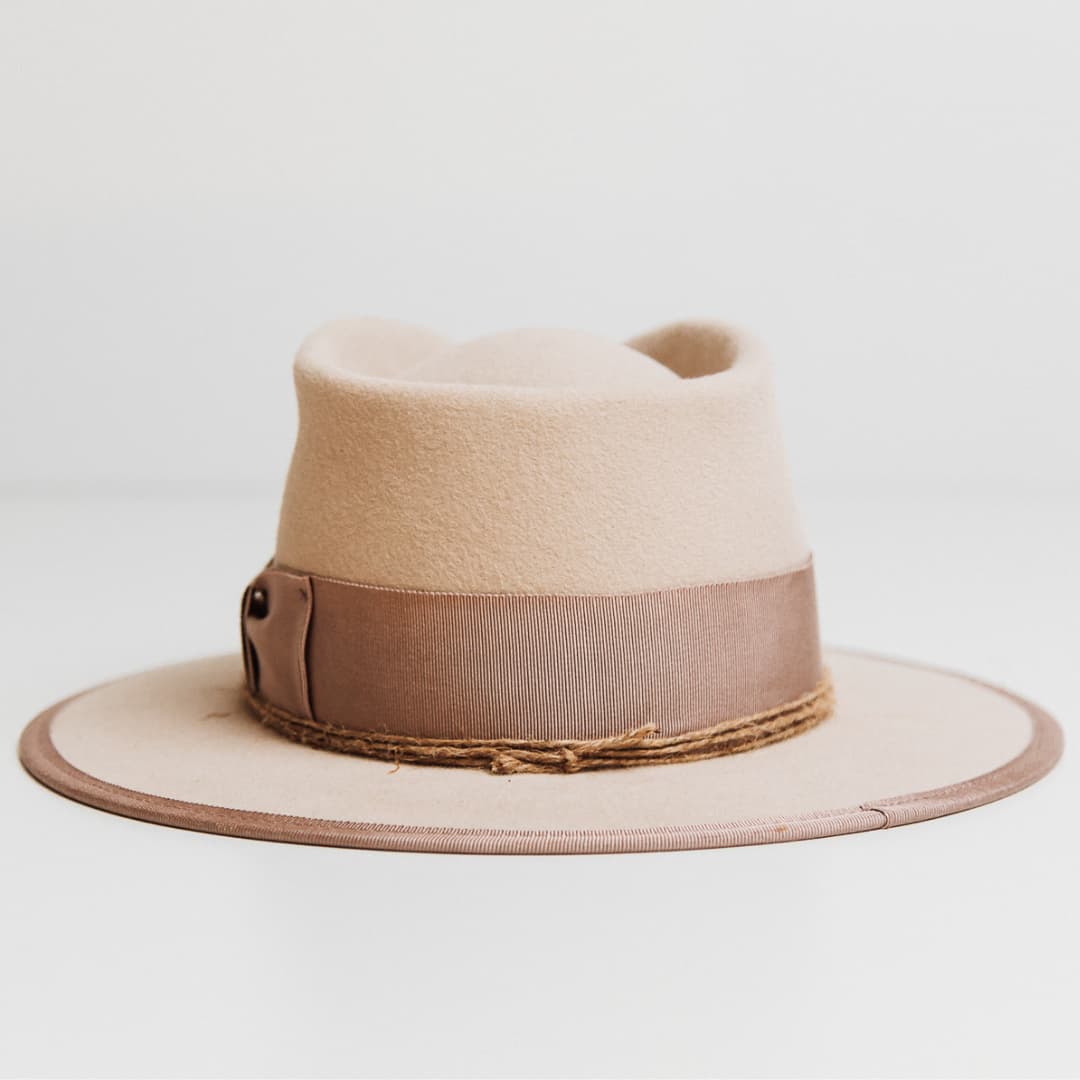 Back view of the Plaster beige felt hat by PHYLLi Designs featuring plaster grosgrain bow band.