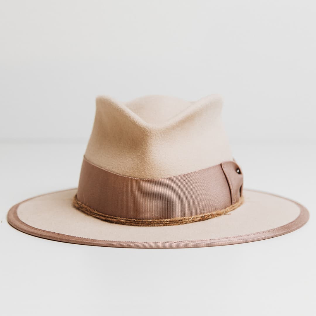 Plaster beige felt hat by PHYLLi Designs with plaster Japanese grosgrain bow band and three twine wraps.