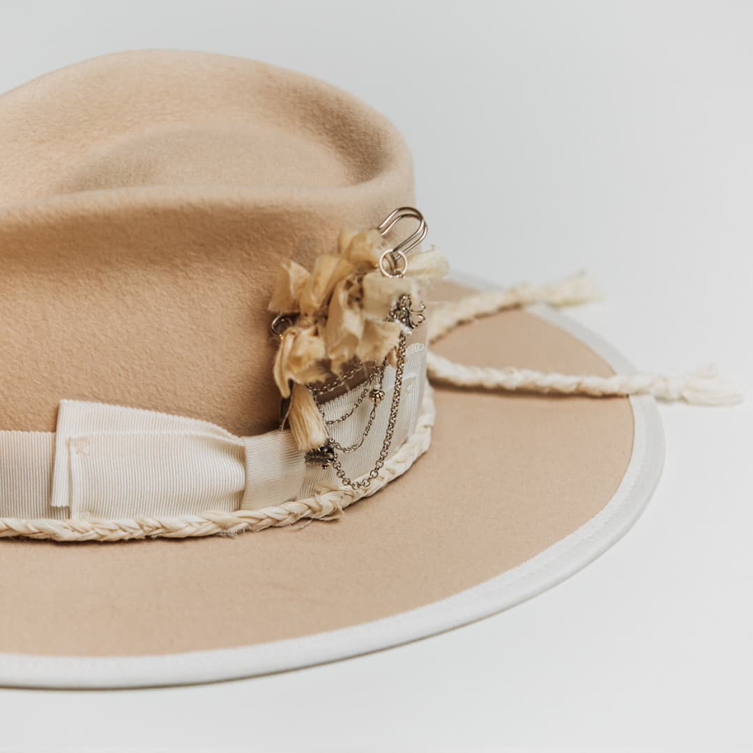 Close up detail of the Rue De Seine felt hat showing silver chunky hat pin with charms layered over the ivory grosgrain bow band.