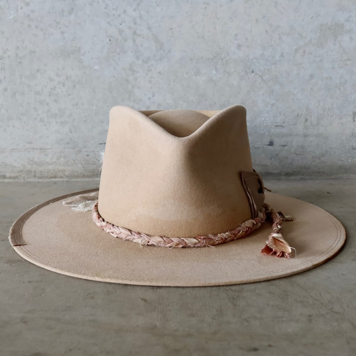 Sand distressed felt hat Ryoan Limited Edition by PHYLLi Designs with Wabi Sabi linen and silk patches finished with gold beading.