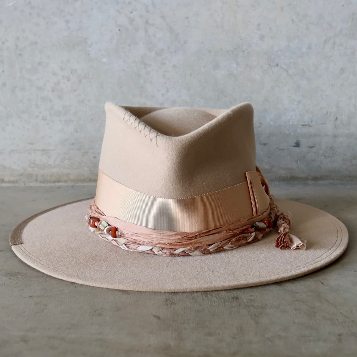 Sand felt hat Sandstone Limited Edition by PHYLLi Designs with apricot Japanese grosgrain double bow band.