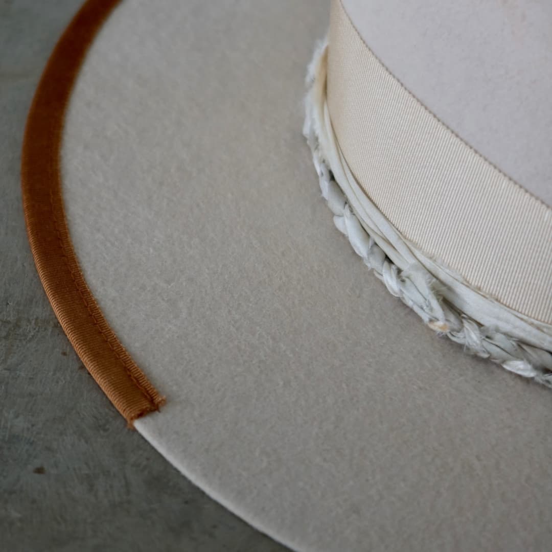 Close up detail of the Shoalhaven felt hat showing the copper grosgrain brim trim.