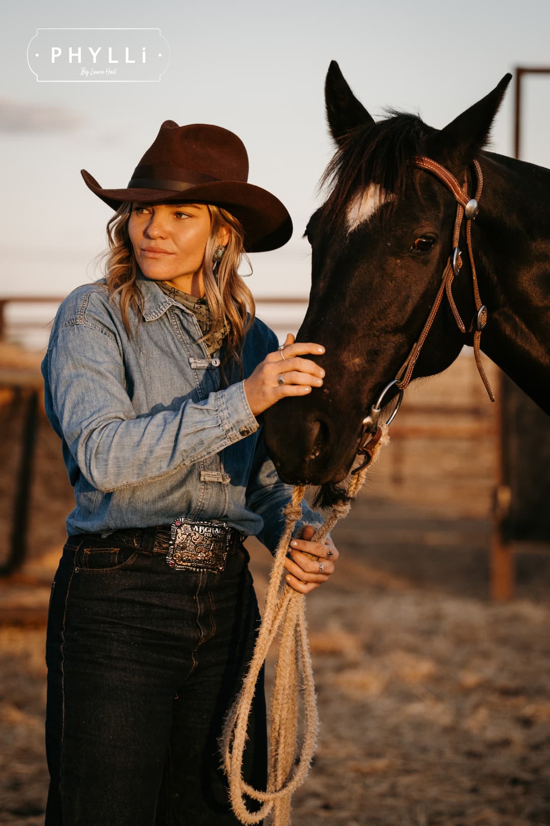 Woman wearing the chocolate cowboy hat Spicer by PHYLLi Designs with leather tie back band holding a bridled horse in a paddock.