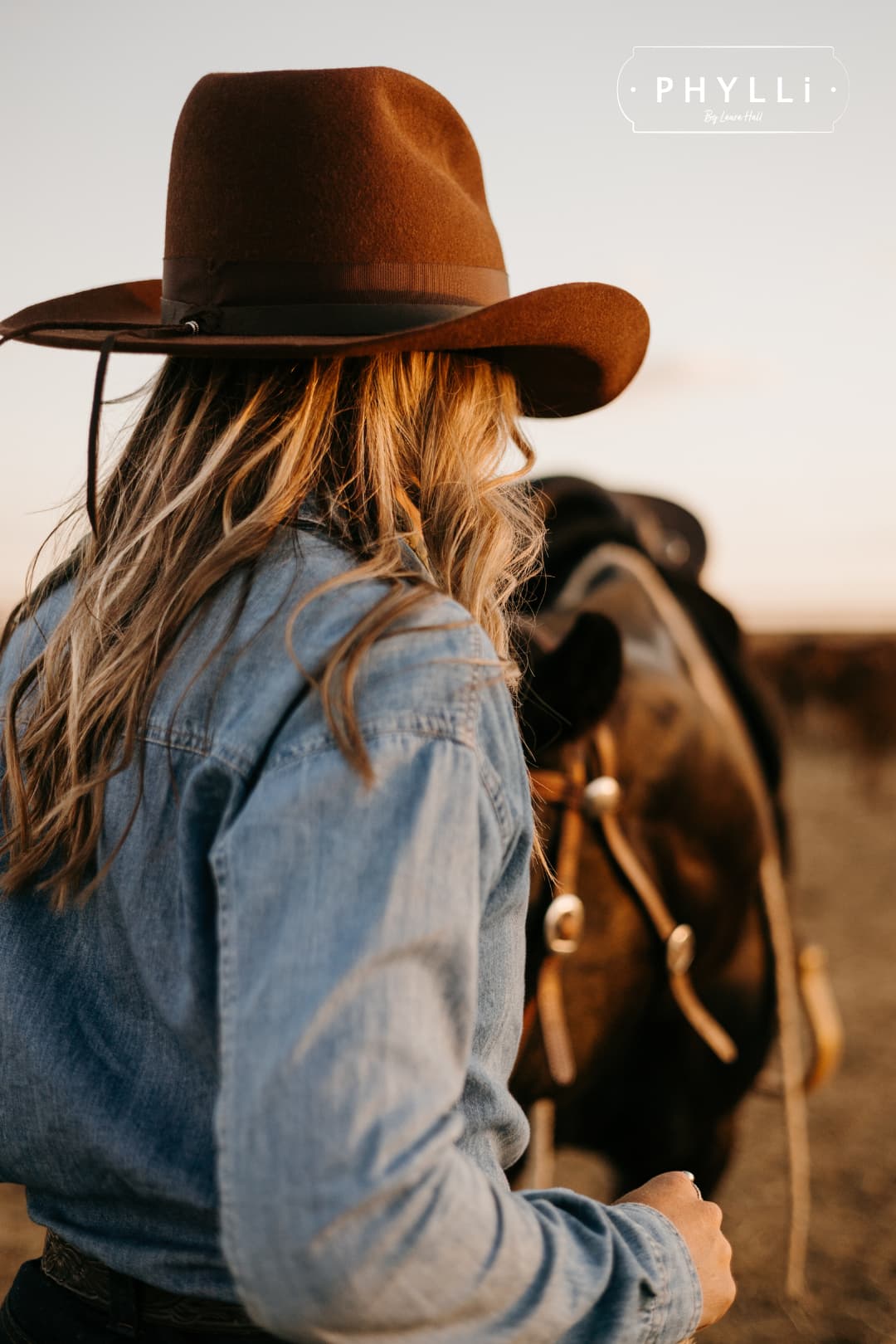 Back view of the chocolate cowboy hat Spicer by PHYLLi Designs featuring chocolate grosgrain band and leather tie back worn beside a saddled horse in an outback paddock.