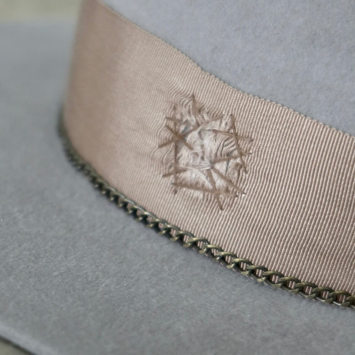 Close up of chocolate darned patch and distressed grosgrain band on Drifter felt hat by PHYLLi Designs.