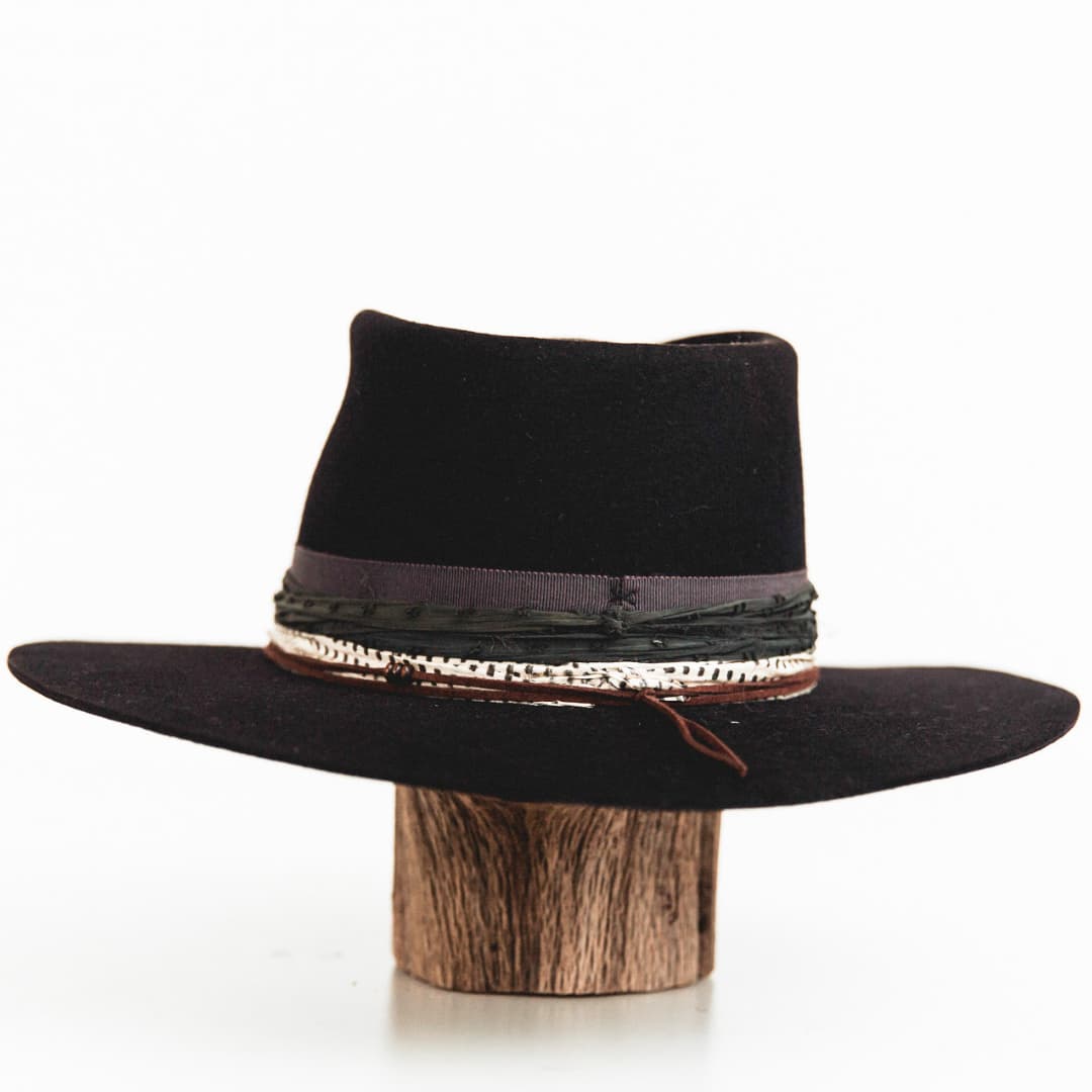 Back view of The Ellerston dark navy felt hat with slate grey band and textured sari silk detailing.
