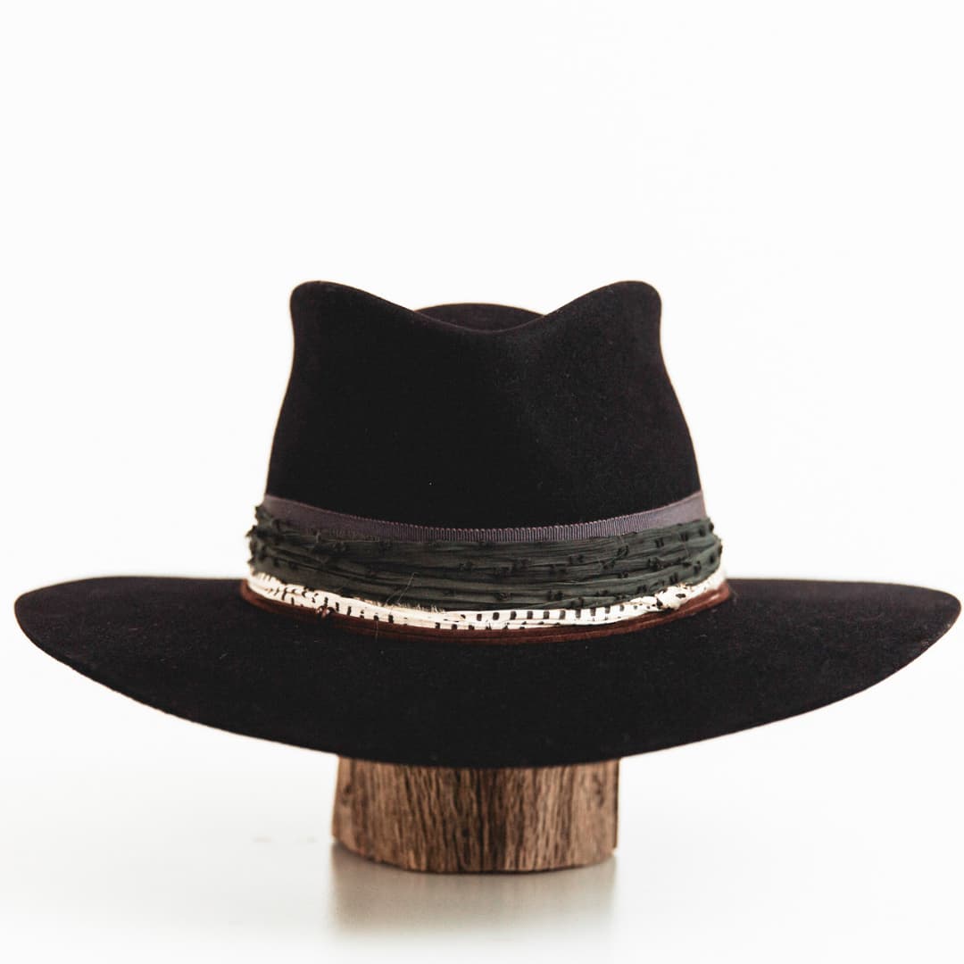 Dark navy felt hat with slate grey grosgrain band and charcoal patterned sari silk trim – The Ellerston by PHYLLi Designs.