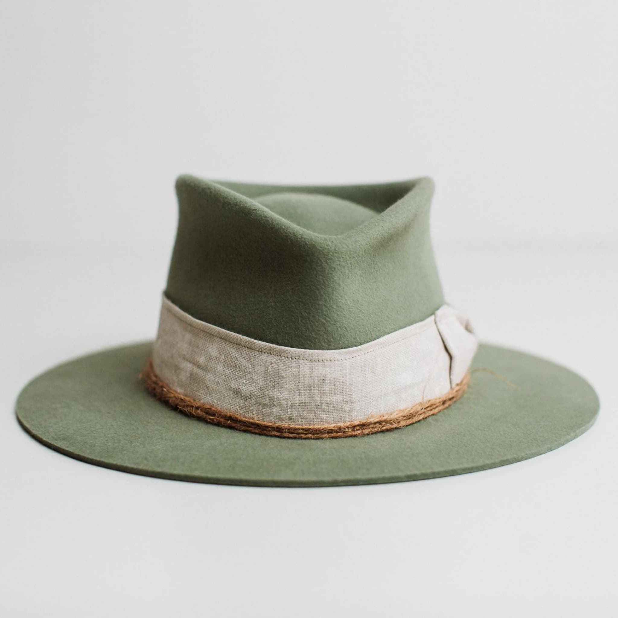 Front view of The Fall eucalyptus felt hat by PHYLLi Designs with natural linen band and twine trim.