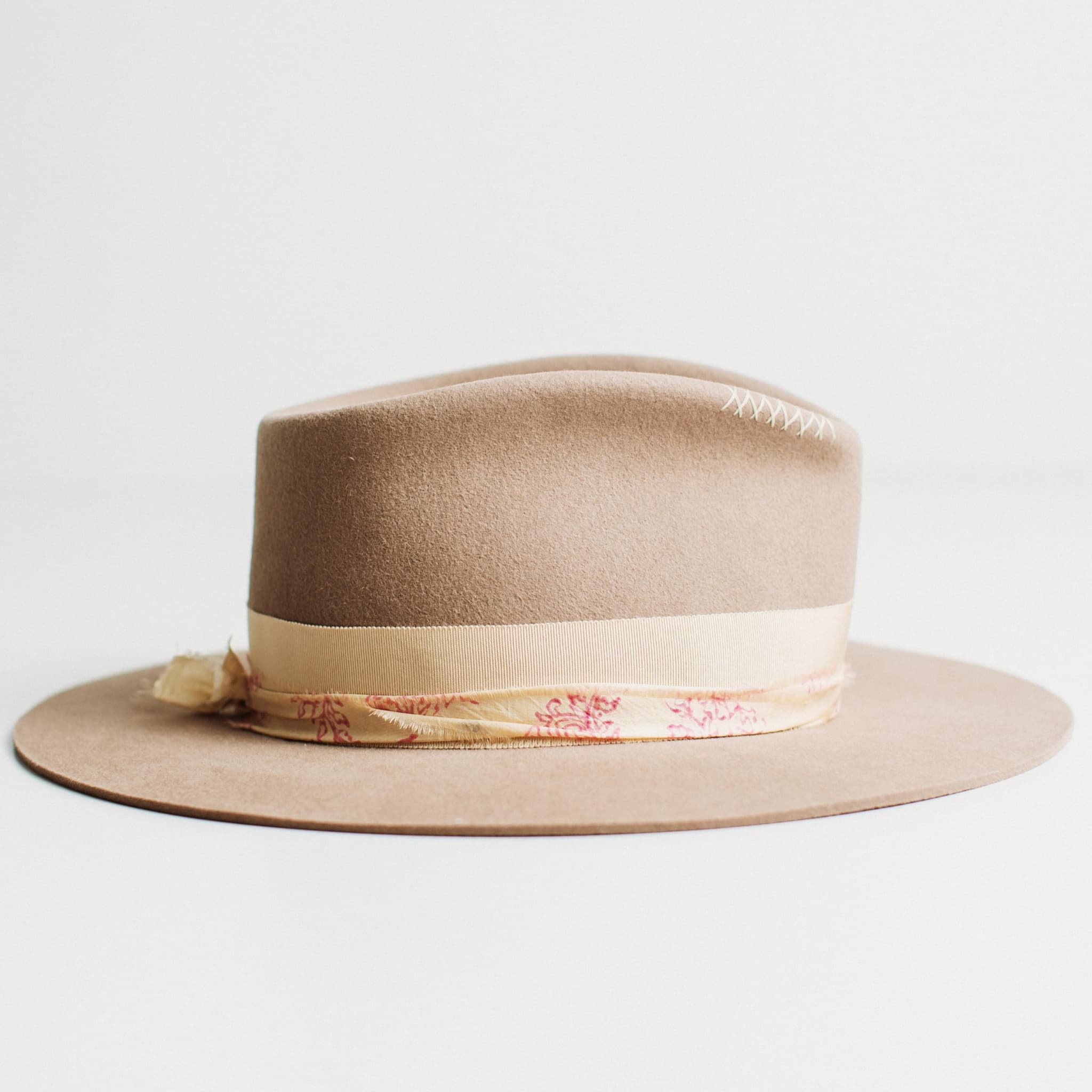 Right side view of sahara felt hat with Japanese grosgrain bow band and sari silk trim.