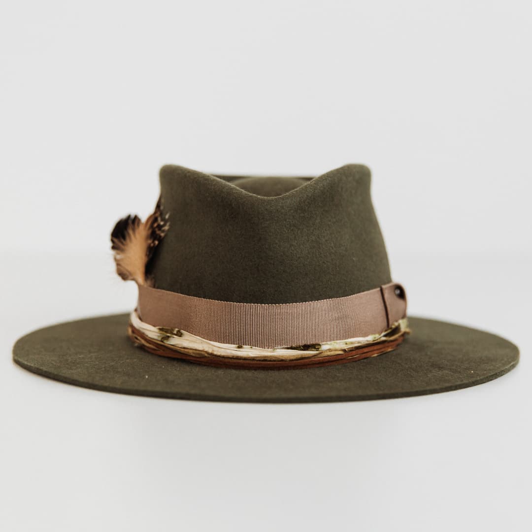 Front view of The Lotus Military felt hat by PHYLLi Designs with taupe grosgrain band and sari silk trim.