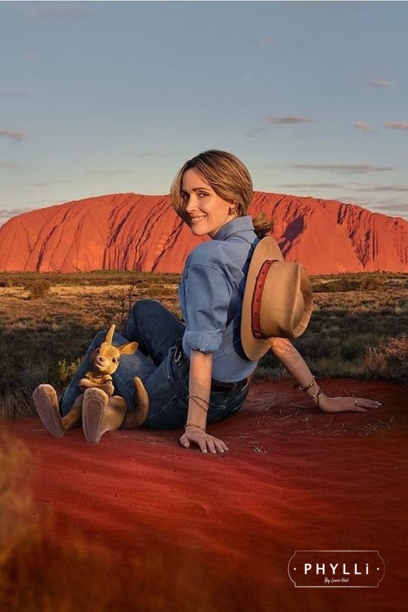 Actress Rose Byrne wearing The Safari distressed Sahara felt hat by PHYLLi Designs in the Australian outback near Uluru.