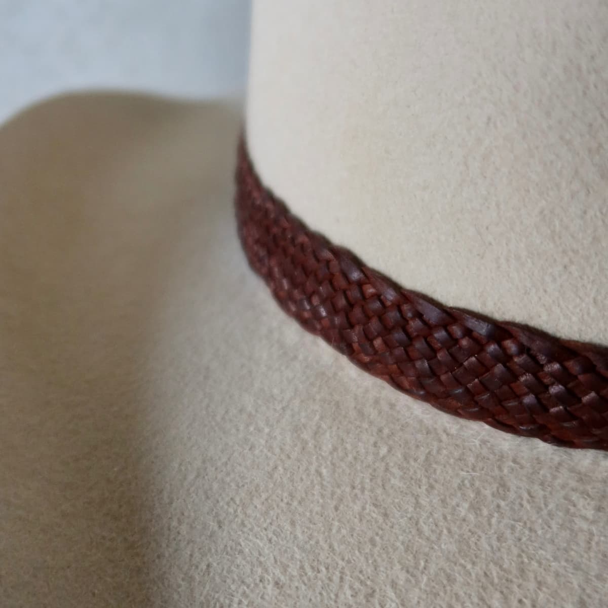 Close up detail of the Wheeler Beige cowboy hat showing 12 strand chocolate leather hat band plaited by PHYLLi.