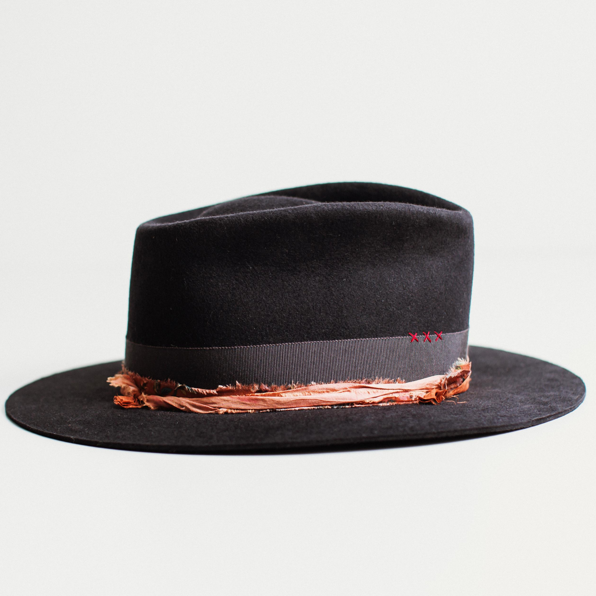 Right side view - The Ol’ Navy by PHYLLi, Dark Navy felt hat with sari silk, Slate grosgrain band and Burgundy crosses.