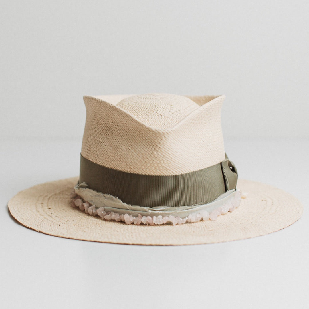 Isle of Skye natural Panama hat by PHYLLi Designs with oil green Japanese grosgrain bow band and rose quartz hat necklace.
