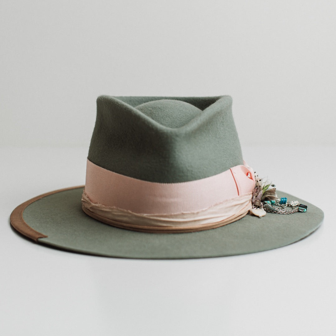 The Sage sage felt hat by PHYLLi Designs with sherbet pink Japanese grosgrain bow band and baby pink sari silk trimming.